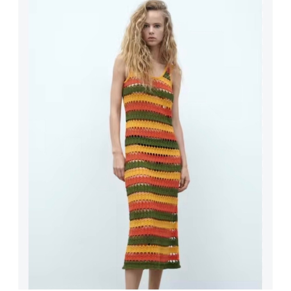 Zara Crochet Open Knit Striped Midi Maxi Dress Green Orange Yellow Size S